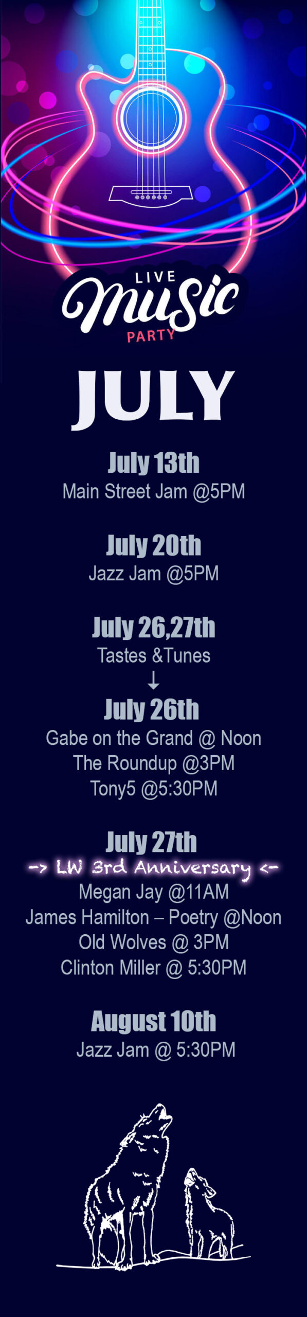 Main Street Jam Jazz Jam Tastes & Tunes Gabe on the Grand Desparados Tony5 Megan Jay James Hamilton – Poetry Old Wolves Clinton Miller